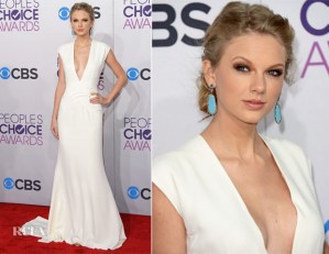 Taylor Swift shocked all of us this year and looks absolutely stunning in this stark white Ralph Lauren gown, complete with dangling turquoise earrings. The 23 year old newly single songstress sure can rock the camera! She is definitely my pick for ‘Best Dressed’ at this year's “People’s Choice Awards.”