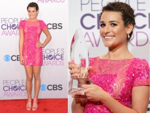 Lea Michele is seen here in a shockingly bright pink, fun, and flirty mini dress, completely embellished by Ellie Saab. I applaud Michele for making such a drastic choice as this creation also has sheer cutouts from front to back. On glee this season we are noticing how major of a body Michele has, and golf claps to her for showing it off! This isn’t my favorite look of the night, but this just shows you how diverse the “Peoples Choice Awards” can get.